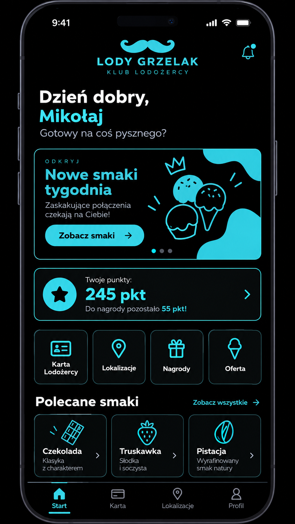 Makieta ekranu głównego aplikacji Lody Grzelak z kartą klienta, nagrodami i smakami